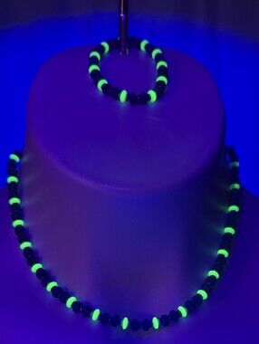 Black & Peridot Opal Czech Glass Uranium Glass Necklace + Bracelet Set GLOWS!